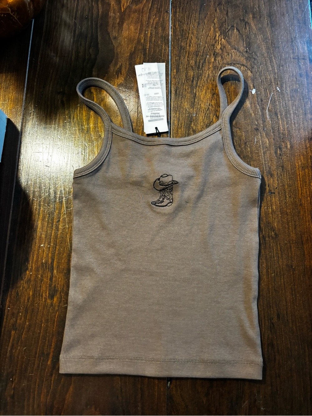 Noisy May Brown Ribbed Camisole with Cowboy Boot Embroidery